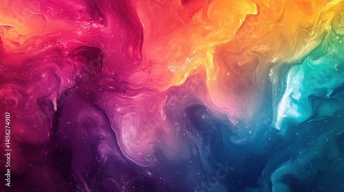 Vibrant cosmic flow of swirling colors and iridescent glimmering particles