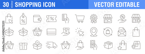 Collection of shopping icons. Promotion, coupon, delivery, shop. Vector design template, signs, symbols, editable stroke.