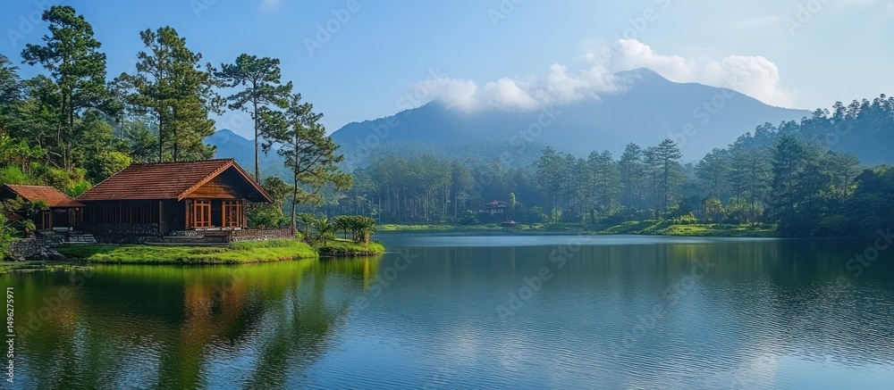 Fototapeta premium Lake House in Forest, Mountain View