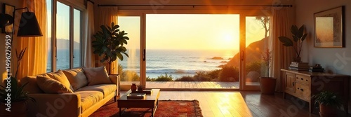 Golden hour sunlight streams through a window, illuminating a cozy California home interior with rustic wood floors and ocean view , hour, serene, west coast