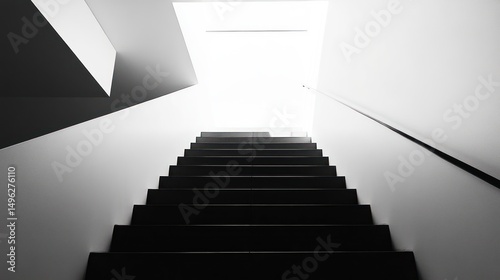 Minimalist Staircase in Black and White Leading Towards a Bright Light Source