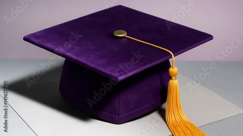 Purple Graduation Cap with Satin Tassel on Neutral Studio Background