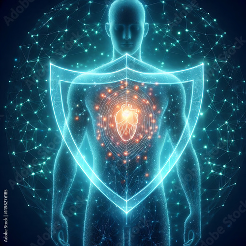 Protected human heart vector illustration made of neon particles. Heart health care concept art in modern abstract style consists of colorful dots.