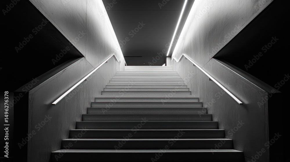Fototapeta premium Monochrome staircase with linear lighting creating a sense of upward movement