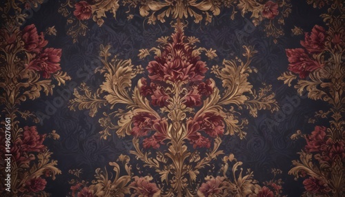 Luxurious floral wallpaper, regal damask pattern, rich jewel tones , interior design, traditional
