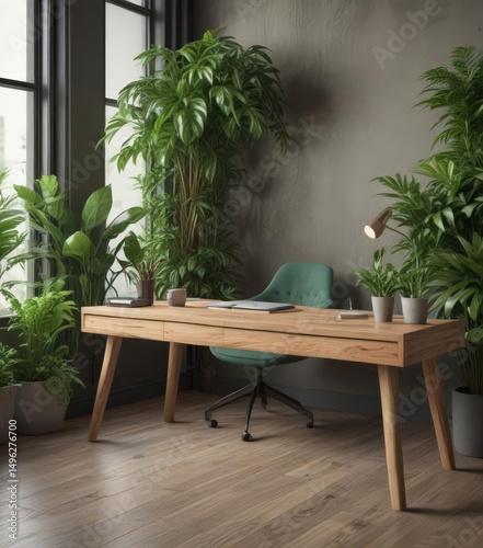 Modern wooden desk, lush green plants, minimalist office ,  office decor,  office supplies