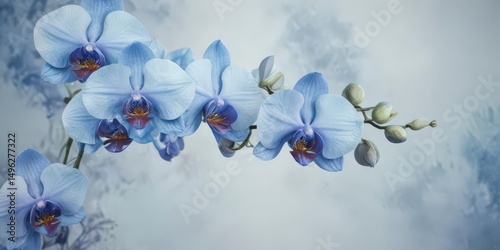 Delicate blue watercolor wash background featuring vibrant Phalaenopsis orchids, showcasing Philippine flora , botanical, flower