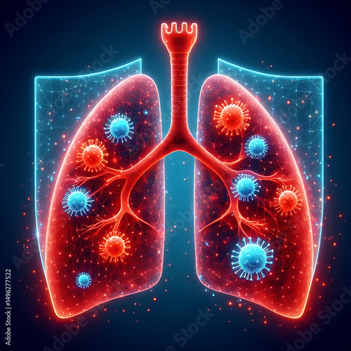 Lungs. World Asthma Day concept. Banner template with glowing low poly. Futuristic modern abstract. Isolated on dark background. Vector illustration.