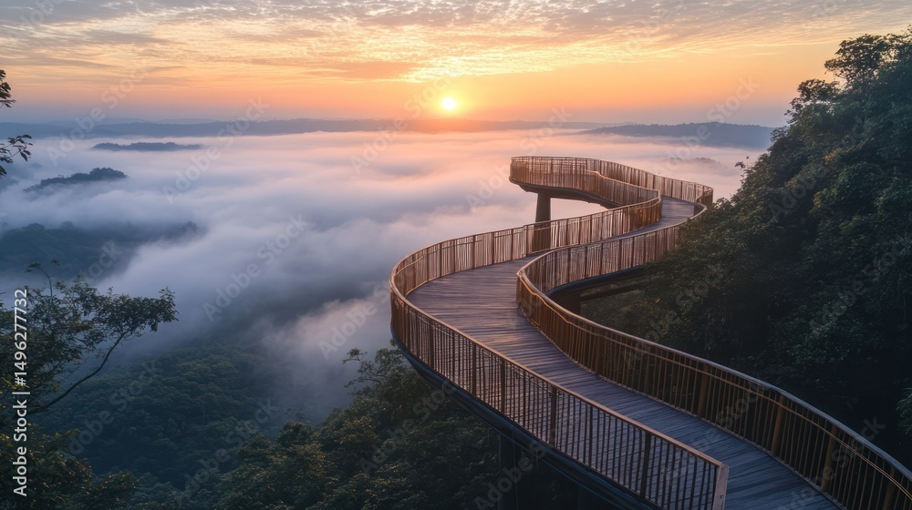 Obraz premium Wooden Walkway on a Mountain at Sunrise