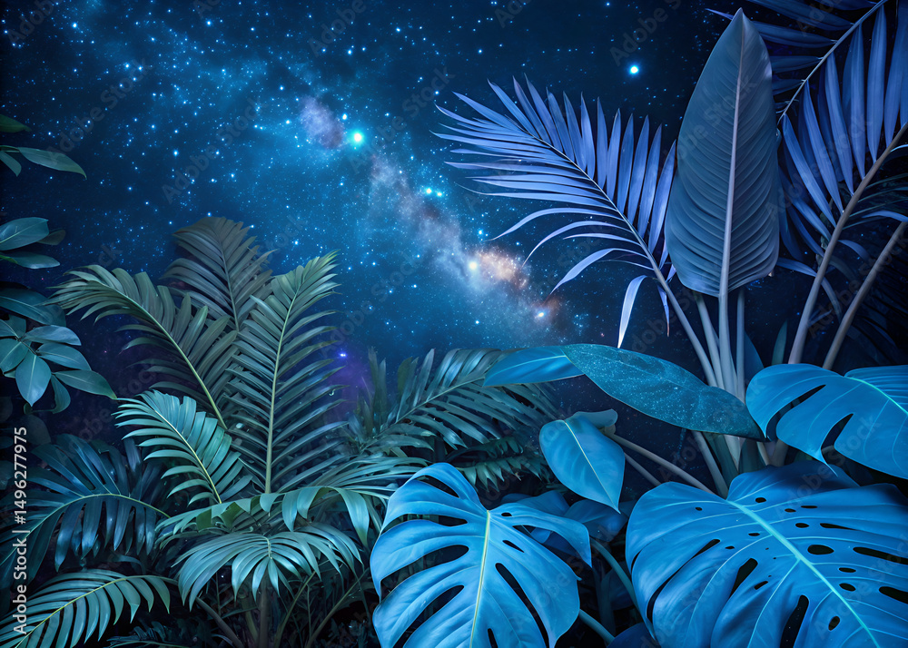 Fototapeta premium palm tree branches leaves close up night view 