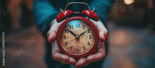 Red Alarm Clock Held in Hands
