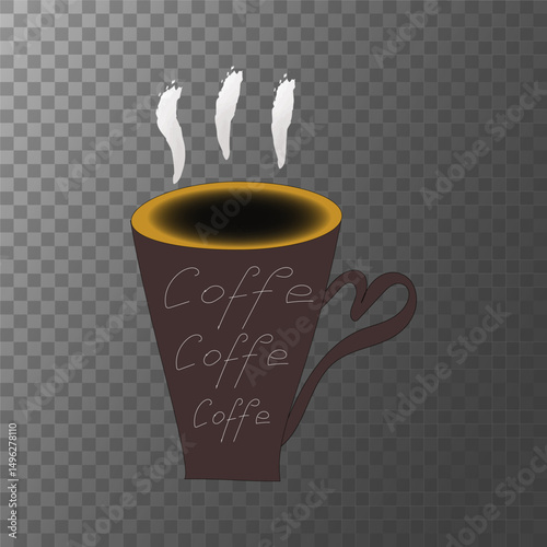 Coffee cup illustration. Coffee coffee text. Steaming brown mug. Vector beverage symbol.