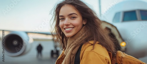 Smiling Woman Near Airplane