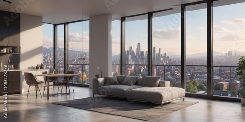 Sleek modern apartment, panoramic city view from large window, sophisticated, architecture