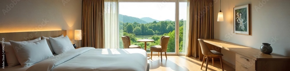 custom made wallpaper toronto digitalA clean, modern motel room with a comfortable bed, a small table and chairs, and a view of a lush green landscape outside the window , design, getaway, sunny