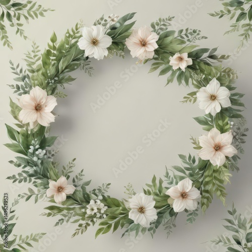 Elegant watercolor floral wreath with lush greenery leaves, delicate brushstrokes ,  card,  vintage
