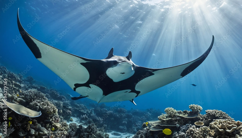 Fototapeta premium Manta Ray Soaring Gracefully Above the Reef