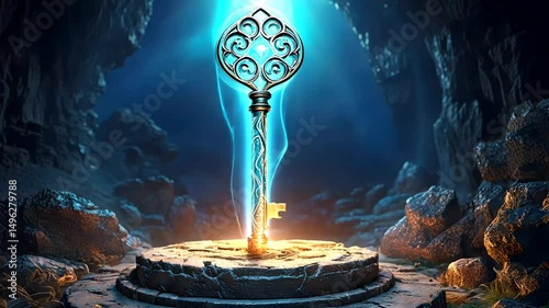 Magical Artifact Key Illuminated by Blue Energy in Sacred Chamber