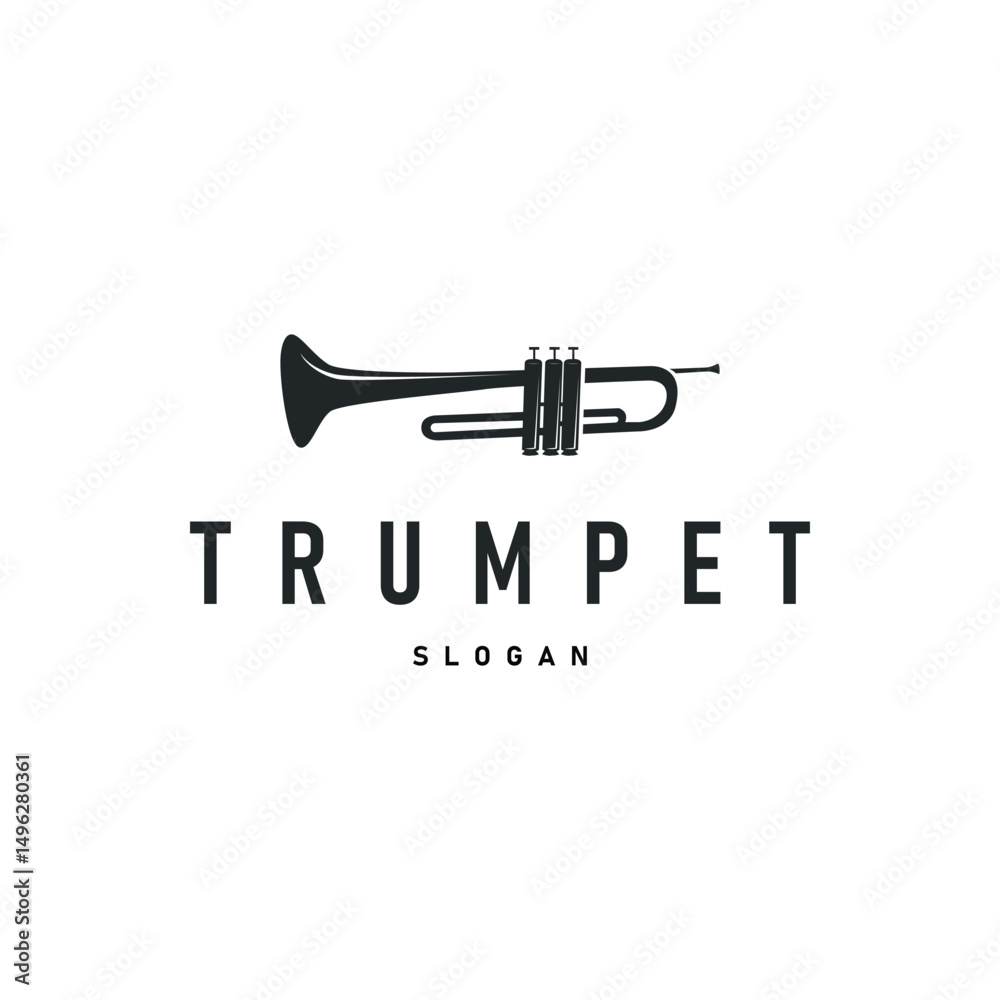 Naklejka premium trumpet logo concept design wind musical instrument template illustration music melody with black silhouette simple trumpet symbol templet icon