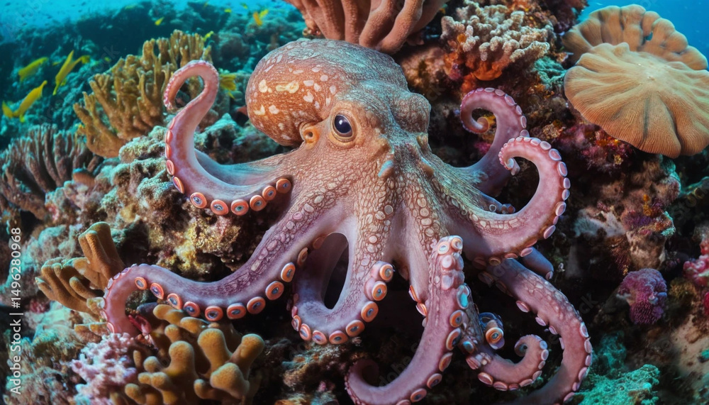 Obraz premium Octopus Hiding in a Vibrant Coral Reef