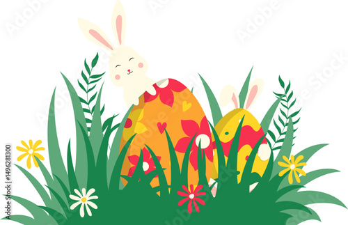 Easter eggs grass illustration. Eggs, bunny in grass with modern style. Horizontal poster, greeting card, header for website