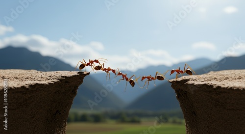 Ants form a bridge across a chasm.