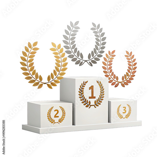 A stage podium features three levels decorated with gold silver and bronze laurels symbolizing first second and third place in a competitive event setting