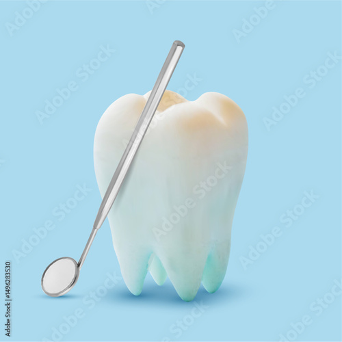 Realistic tooth icon with dental mirrow isolated on a blue background