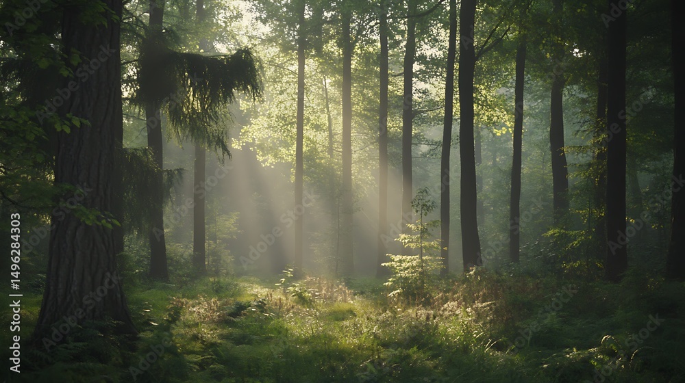 Fototapeta premium Sunlight streams through a misty forest.