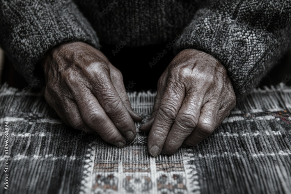 Fototapeta premium Close-up of elderly hands meticulously working on a textured fabric, showcasing age and craftsmanship.