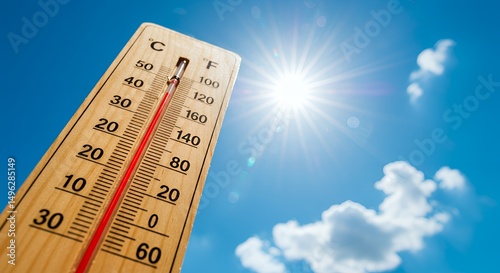 Outdoor thermometer displaying a high temperature on a sunny day. photo