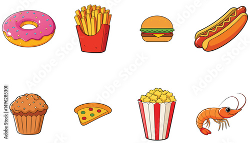 Cartoon Fast Food and Snack Icons Illustration