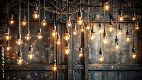 Glittery string lights hang from a darkened ceiling with ornate metalwork , edgy, industrial,  edgy