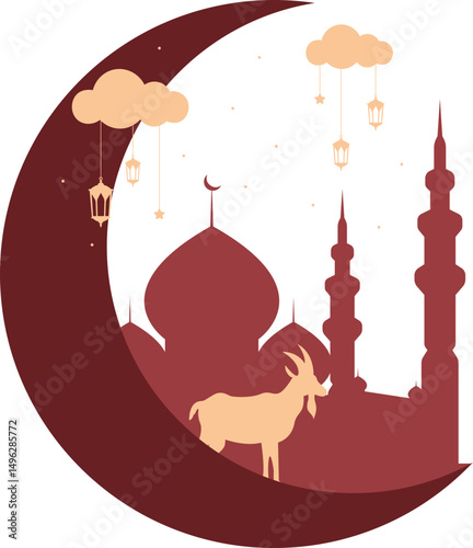 Eid al adha frame iilustration. Crescent moon, mosque, animal, qurban, lantern in frame illustration for eid al adha. Vector isolated