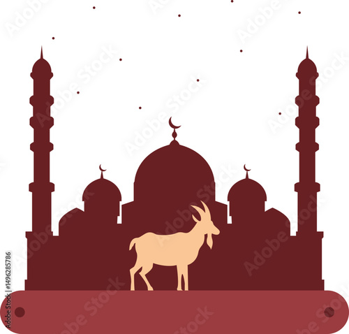 Eid al adha frame iilustration. Crescent moon, mosque, animal, qurban, lantern in frame illustration for eid al adha. Vector isolated