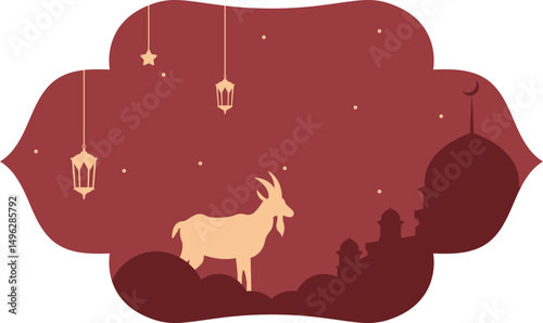 Eid al adha frame iilustration. Crescent moon, mosque, animal, qurban, lantern in frame illustration for eid al adha. Vector isolated
