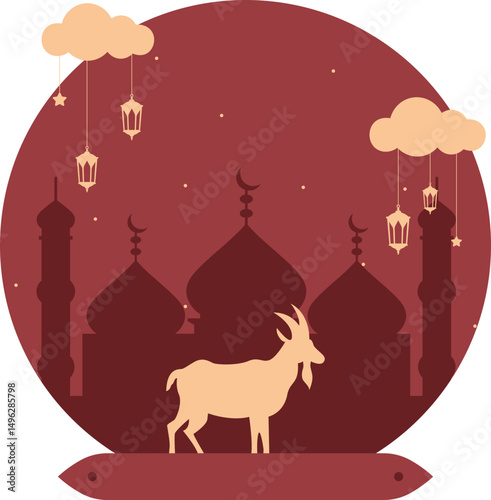 Eid al adha frame iilustration. Crescent moon, mosque, animal, qurban, lantern in frame illustration for eid al adha. Vector isolated