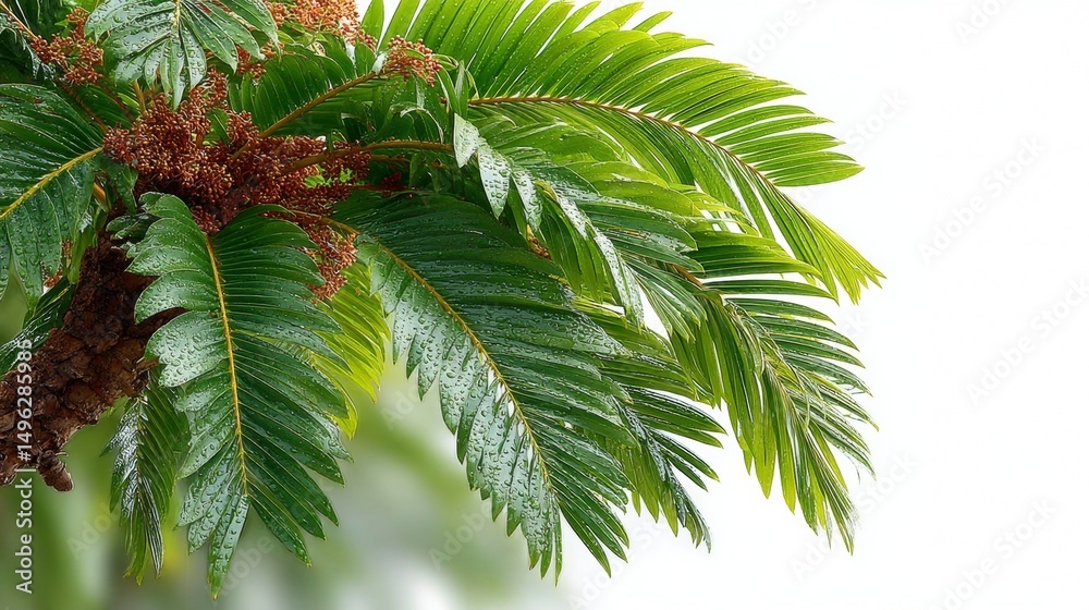 Naklejka premium Rain-Covered Palm Fronds Against White Sky