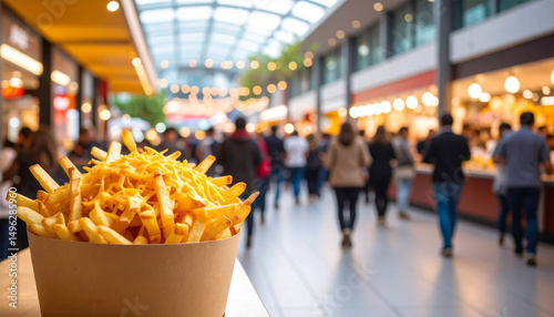 Cheesy french fries at a modern food court with blurred crowd background