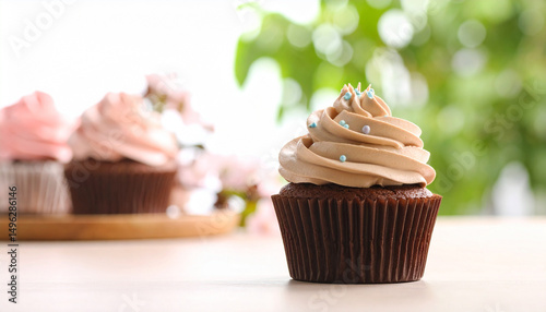 Chocolate cupcake with pastel buttercream on a wooden table, spring window light in the background