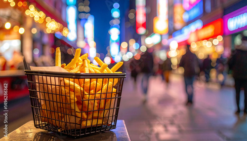 French fries in a metal basket, night street food scene with neon lights in the background