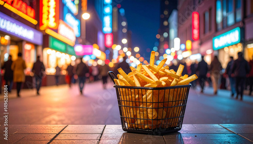 French fries in a metal basket, night street food scene with neon lights in the background