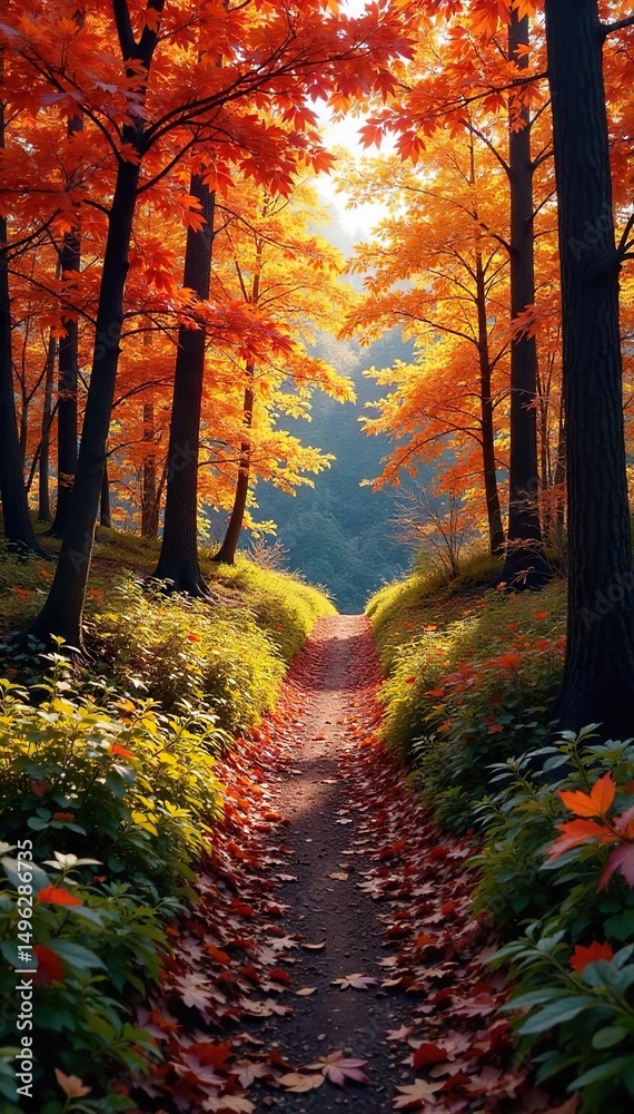 Obraz premium A vibrant autumnal hiking trail winds through a colorful forest, sunlight dappling the leaves Perfect for travel, nature, and adventure themes , mountain, serene
