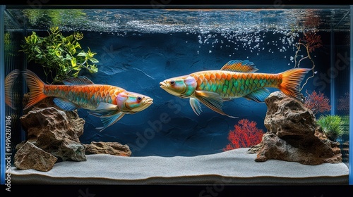 Aquarium with colorful fish.  Two vibrant fish swim in a planted aquarium with rocks and coral.  Sandy bottom.  Peaceful scene photo
