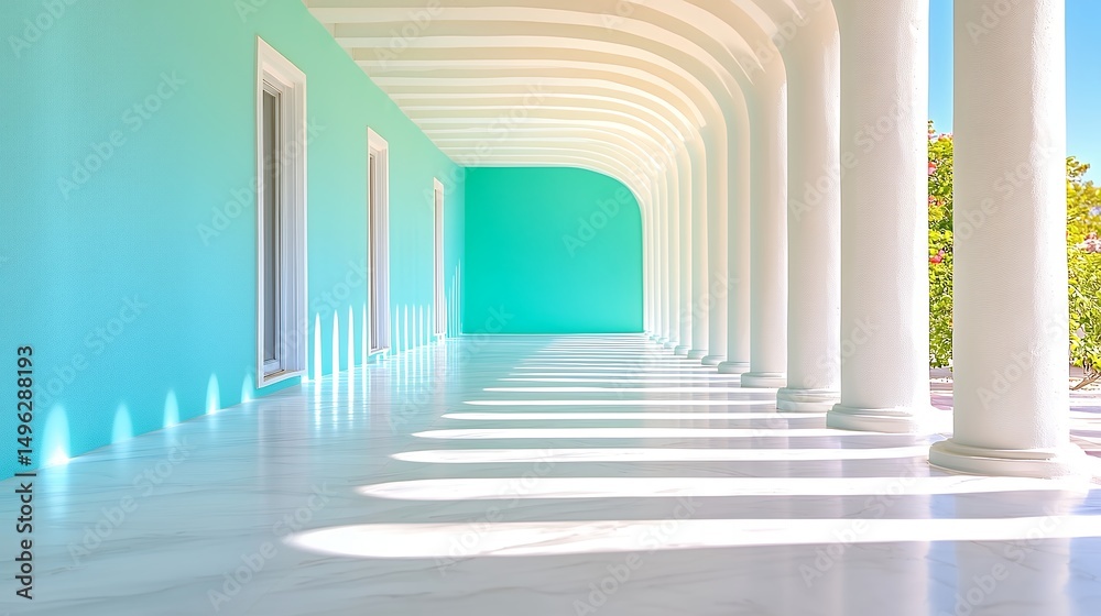 Fototapeta premium Colonnade Architecture with Turquoise Walls and Sunlight