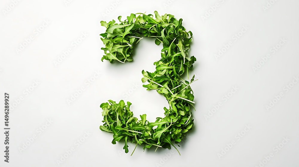 Number 3 made of fresh green arugula leaves on white background Number 3 made of fresh green arugula leaves on white background