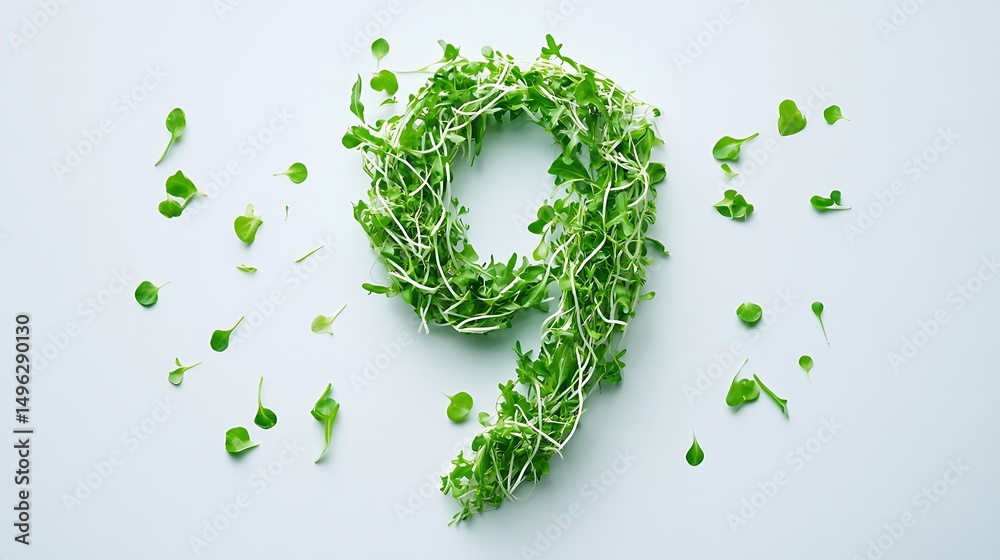 Number 9 made of fresh arugula leaves isolated on white background Number 9 made of fresh arugula leaves isolated on white background