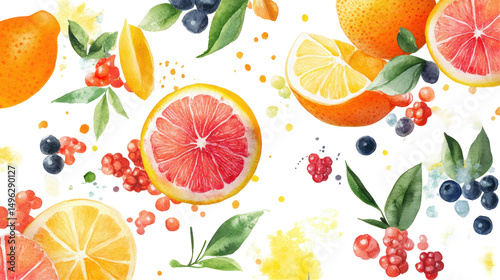 Vibrant Watercolor Fruit Composition Featuring Citrus and Tropical Fruits on Transparent Background

