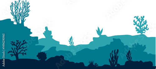 Underwater ocean silhouette landscape. Coral reef in ecosystem for ocean day, environment. Vector isolated
