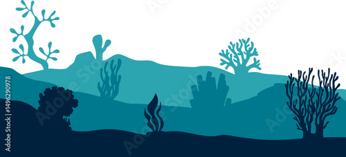 Underwater ocean silhouette landscape. Coral reef in ecosystem for ocean day, environment. Vector isolated
